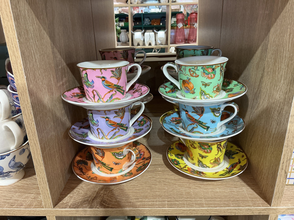 Colourful Bird Print Ceramic Teacup and Saucer
